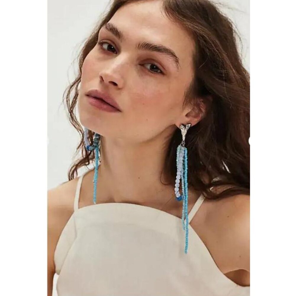 NWOT Free People Reese Heart Statement Earrings Blue Beaded
